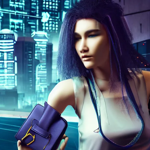 Prompt: a girl wearing a handbag from the future, cyberpunk background, highly detailed, epic lighting, hyper photorealism, 8 k
