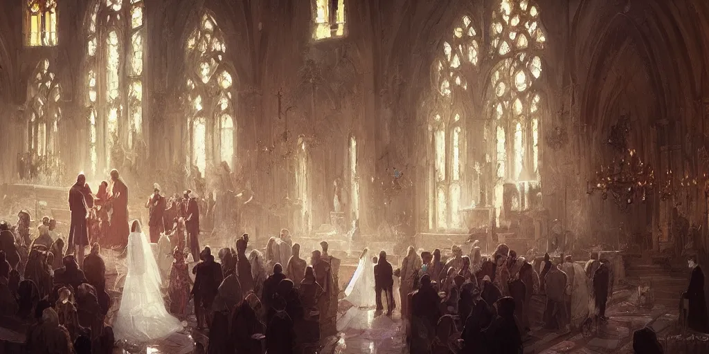 Image similar to a beautiful painting of wedding in the church, greg rutkowski style, trending on artstation