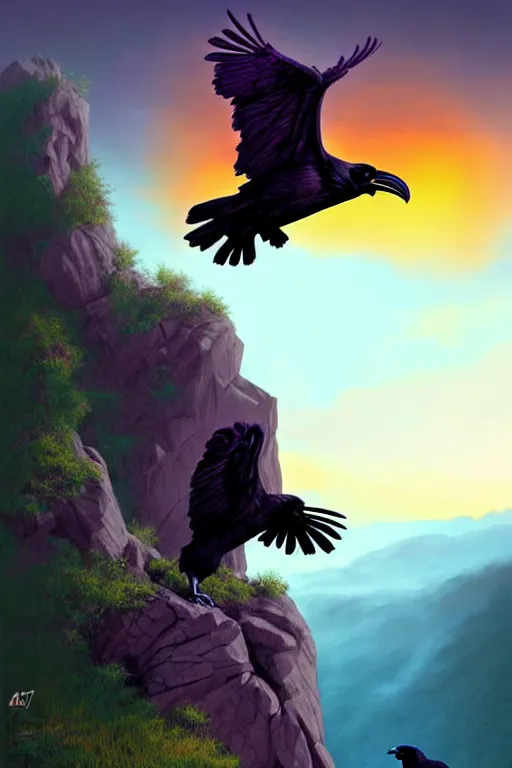 Image similar to elderly man falling off a cliff, tragic moment, 8 k, art by artgerm, award winning photo, sunset in background, ravens in the sky, highly - detailed