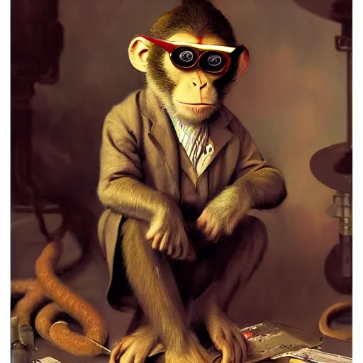 Prompt: portrait of a monkey doctor working chemical lab, artwork by gaston bussiere, craig mullins, trending on artstation, monkey dressed as a scientist, using googles and wearing a doctor coat