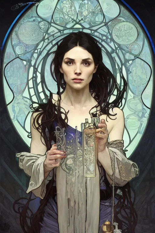 Prompt: portrait of an alchemist in a magic laboratory, by greg rutkowski and alphonse mucha, d & d character, gradient black to silver, medevial interior background, highly detailed portrait, digital painting, artstation, concept art, smooth, sharp focus ilustration, artstation hq