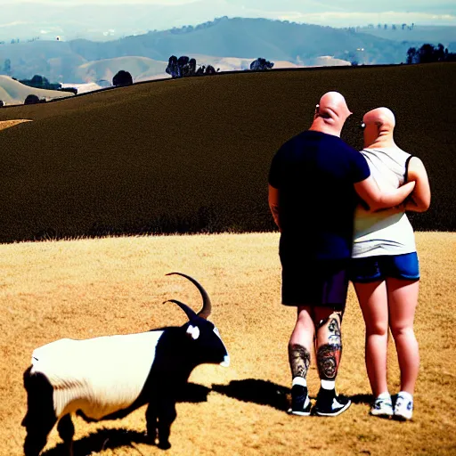 Image similar to portrait of a young chunky bald white male tattoos and his young white female brown hair wife with tattoos. male is wearing a white t - shirt, tan shorts, white long socks. female is has long brown hair and a lot of tattoos. photo taken from behind them overlooking the field with a goat pen. rolling hills in the background of california and a partly cloudy sky