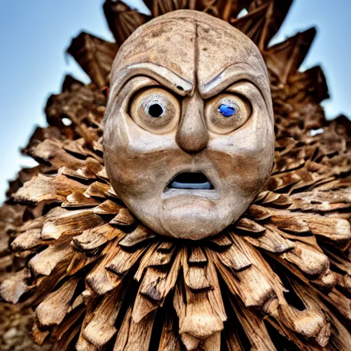 Prompt: pine cone headed man with clear blue eyes very angry, rule of thirds, super sharp, low resolution, ultra detailed.