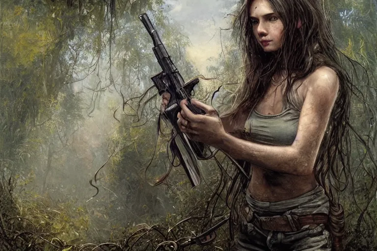 Prompt: artstation concept of a beautiful adventurous girl holding a .45 revolver, sweaty skin, symmetrical face, high body detail, ripped up field fatigues, torn off shirt, jungle background with ruins, vines, hyperdetailed, artstation trending, world renowned artists, worth1000.com, cgsociety, by greg rutkowski, by Gustave Doré, by Marco Turini, by Artgerm, Deviantart in the style of Tom Bagshaw, Cedric Peyravernay, Peter Mohrbacher