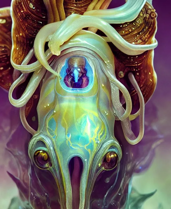 Prompt: intricate transparent portrait of a terrifying beautiful alien cuttlefish, horns, mottled coloring, adorable, childlike, anxiety environment, ultra realistic, concept art, art nouveau, photorealistic, octane render, 8 k, unreal engine. art by christopher marley and artgerm and greg rutkowski and alphonse mucha