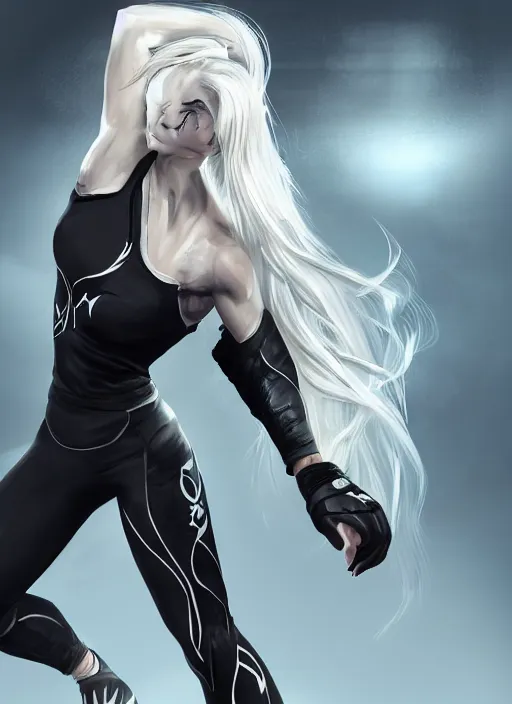 Image similar to a highly detailed illustration of fierce ponytail platinum blonde woman wearing black mma gear and gloves, dramatic powerful kicking pose, fairly muscular, athletic, intricate, elegant, highly detailed, centered, digital painting, artstation, concept art, smooth, sharp focus, league of legends concept art, WLOP