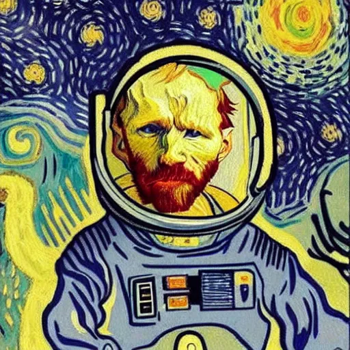 Image similar to Astronaut Lonely in the Galaxy - a painting by Van Gogh. very beautiful, HD detailed. Sad lighting, miserable emotions. The Astronaut is lost in the Galaxy.