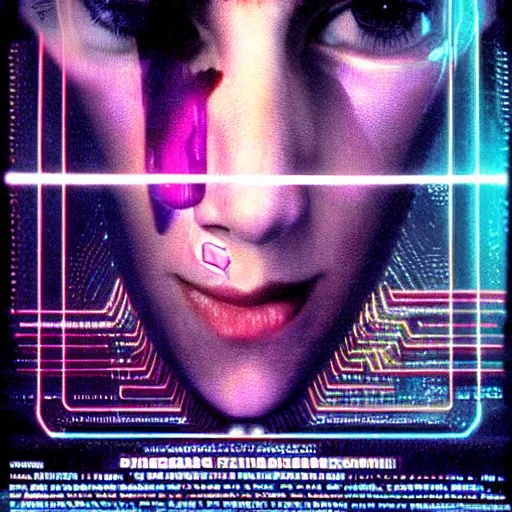 Image similar to Molly from the novel Neuromancer, eye implants, portrait shot, cyberpunk, movie still, poster art by Drew Struzan