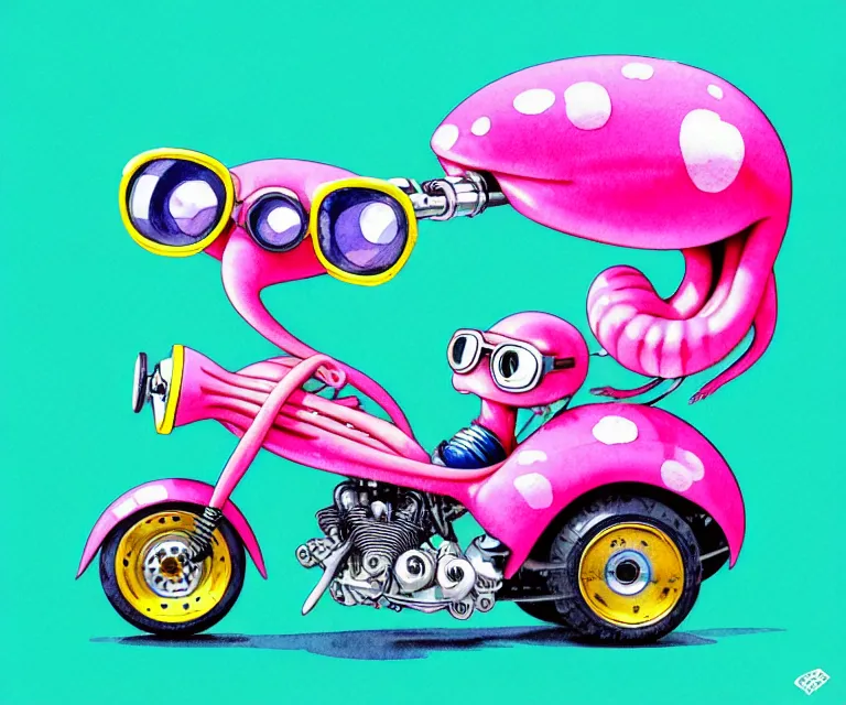 Image similar to cute and funny, pink colored squid wearing goggles riding in a tiny hot rod with oversized engine, ratfink style by ed roth, centered award winning watercolor pen illustration, isometric illustration by chihiro iwasaki, edited by range murata, tiny details by artgerm and watercolor girl, symmetrically isometrically centered