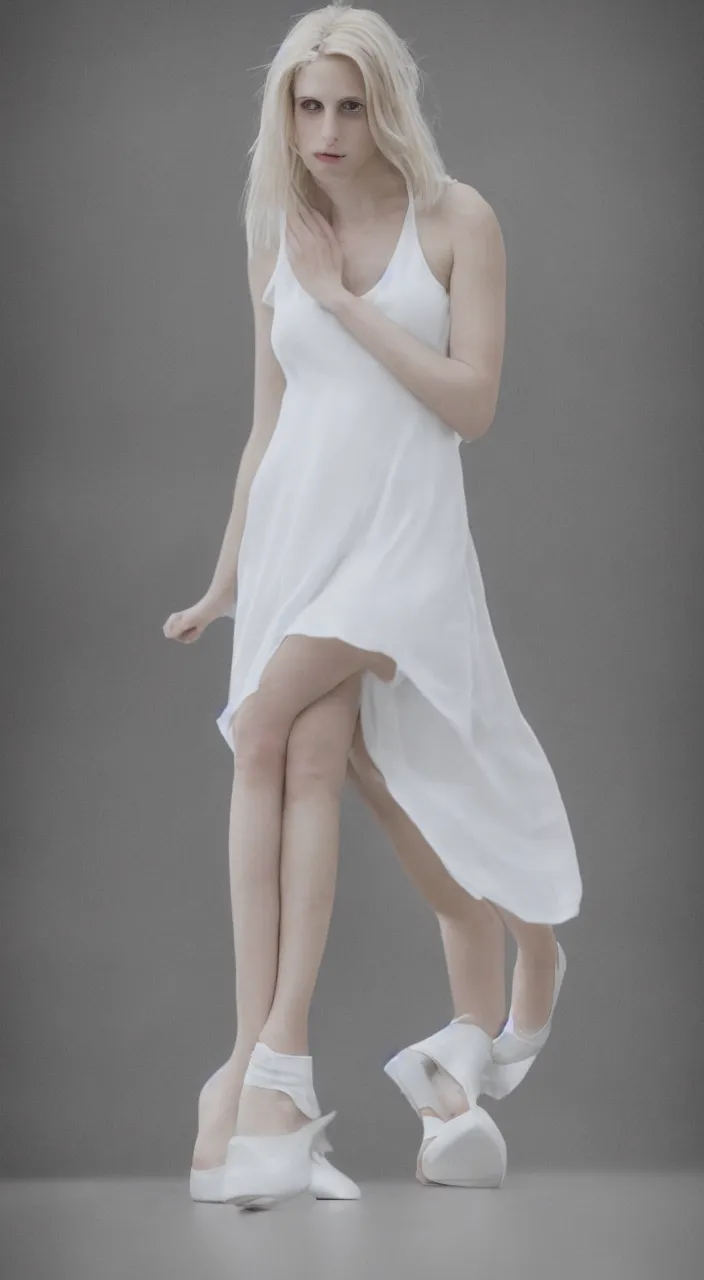 Image similar to cute annie leonhart in open toe heels in a white dress in a white room, beautiful face, pale skin, rule of thirds, cinematic lighting, rainy weather, melancholy atmosphere, sharp focus, backlit, stunning, model agency, smooth, hard focus, full body shot, instagram photo, shot on sony a 7 iii, hyper realistic,