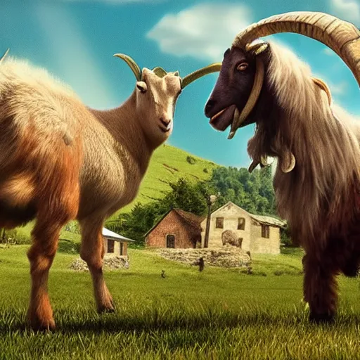 Image similar to goat monster attacks a small village, cinematic, midday, hd