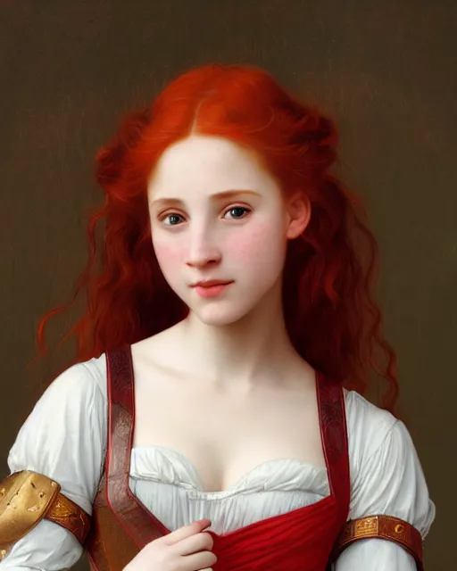 Prompt: fantasy portrait of a happy young women looking with red hair and freckles, slight smile, renaissance colorful dress, leather armor, music instrument in hand, backlit, digital painting by William-Adolphe Bouguereau, photoshop, trending on Artstation, sfw