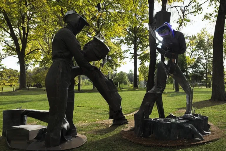 Image similar to cinematography woman welding sculpture in the park by Emmanuel Lubezki