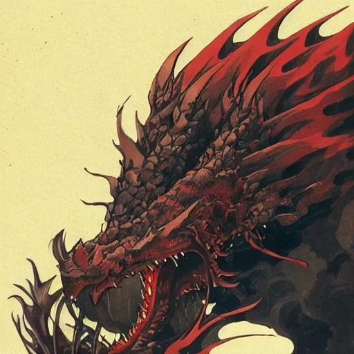 Image similar to close-up head of a furious dragon by Katsushika Hokusai, Pete Mohrbacher, Yoji Shinkawa + dark clouds + Portrait + gothic illustration + Trending on Artstation + Intricate details