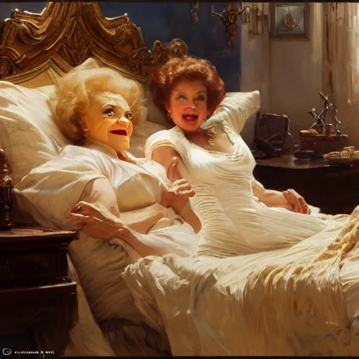 Image similar to willem dafoe is in his bed, nervous and terrified, because betty white from hell is attacking him. highly detailed painting by gaston bussiere, j. c. leyendecker, greg rutkowski, craig mullins 8 k