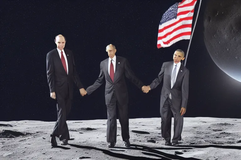 Image similar to President barrack Obama holding hands lovingly with Vladimir Putin on the moon, photorealistic 8K