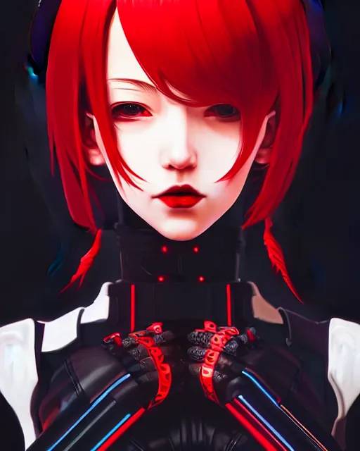 Image similar to a detailed potrait of a cyberpunk cyborg girl with black and red parts, perfect face, realistic shaded perfect face, detailed. night setting. very anime style. realistic shaded lighting poster by ilya kuvshinov katsuhiro, unreal engine, global illumination, radiant light, detailed and intricate environment, full length and white stockings