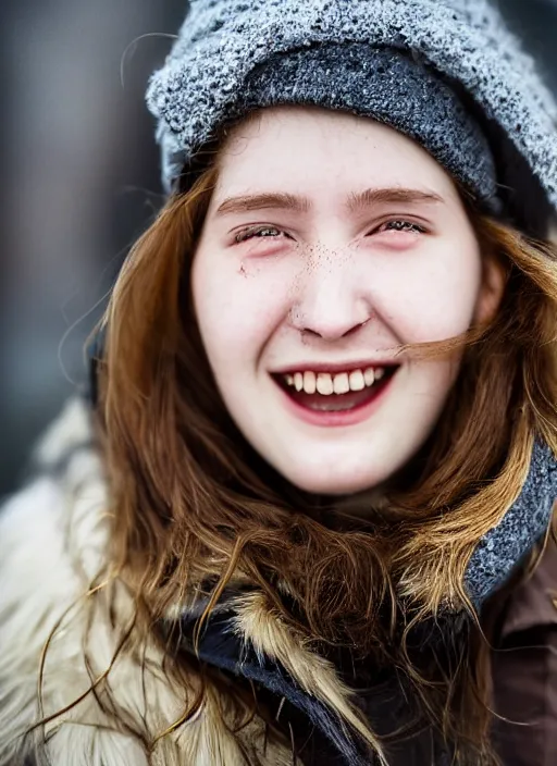 Image similar to Mid-shot portrait of a beautiful 20-year-old woman from Iceland, smile, candid street portrait in the style of Martin Schoeller award winning, Sony a7R