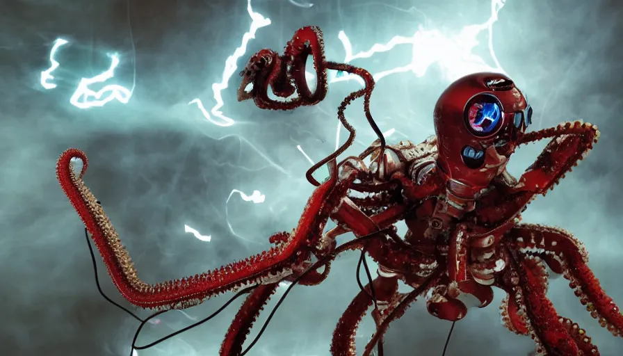 Image similar to color photograph of a battle cyborg fighting a robot octopus