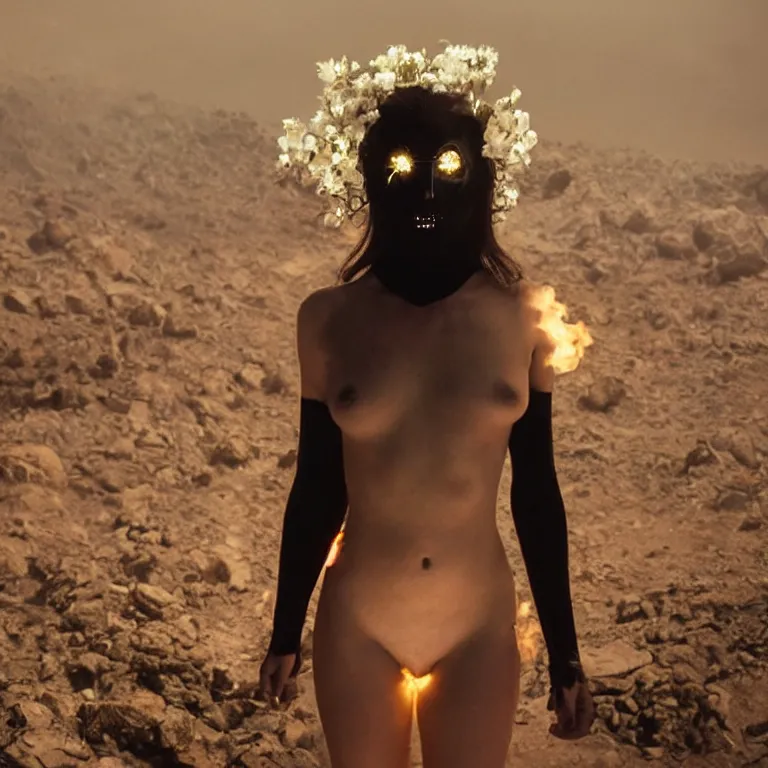 Prompt: The full body shot of beautiful pale woman with many flowers and full-face black mask with glowing halo inside a thick black smoke in rocky desert landscape, glowing eyes, falling star on the background, burning earth by Christopher Doyle, Gaspar Noe, Alejandro Jodorowsky, anamorphic lens, cinematic composition, award winning photo, 8k