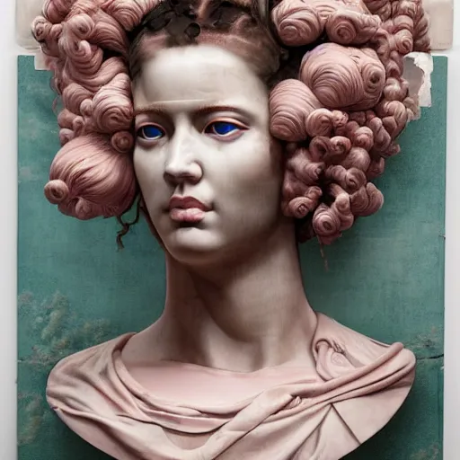 Image similar to Sandra Chevrier, floating vaporwave marble head bust, award winning masterpiece with incredible details, Zhang Kechun, a surreal vaporwave vaporwave vaporwave vaporwave vaporwave painting by Thomas Cole of a floating old pink mannequin head with cables and wires coming out of it's neck, sinking underwater, highly detailed