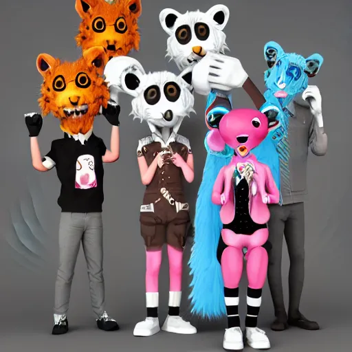 Image similar to bandphoto of anthropomorphic furry musicians, in the style of billelis and james jean and pedro conti and stanley kubrick, inspired by die antwoord, kawaii colors, photorealistic, epic, super technical, 3 d render