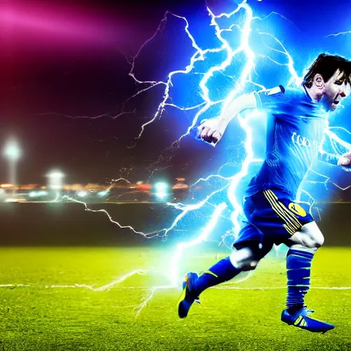 Image similar to lionel messi running extremely fast engulfed in blue lightning vortex, 8 k