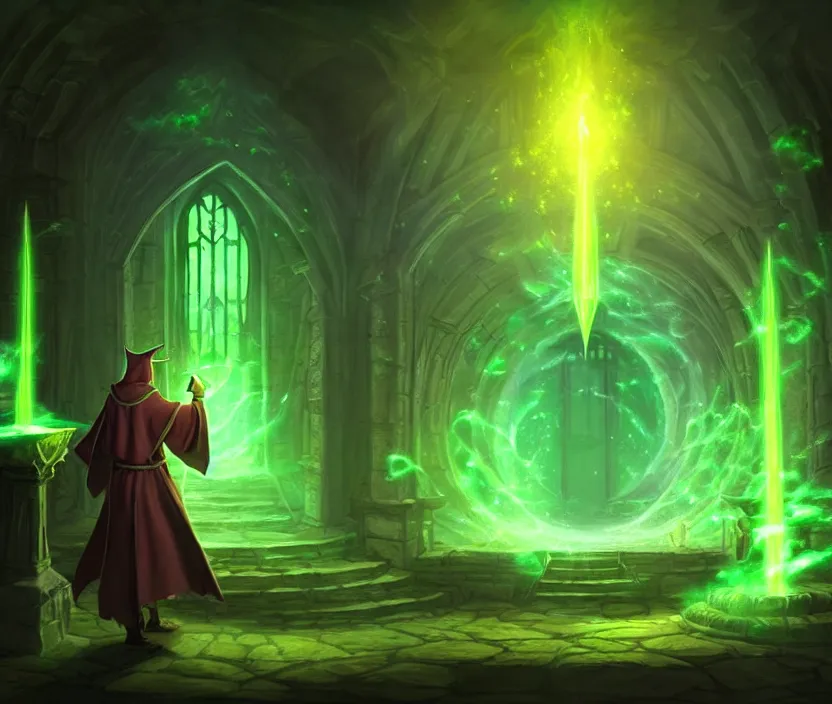 Image similar to a concept art of a wizard in his castle discovering a magic scroll that gives eternal life, atmospheric magic dark scene with green fires in the lights, a big door in the background