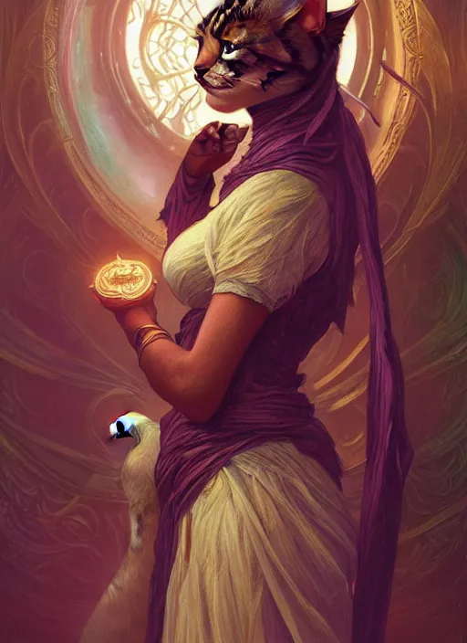 Image similar to photography of a cat tarot card, deep focus, d & d, fantasy, intricate, elegant, highly detailed, digital painting, artstation, concept art, matte, sharp focus, illustration, hearthstone, magic the gathering, art by artgerm and greg rutkowski and alphonse mucha