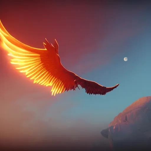 Image similar to phoenix flying in front of the moon, glowing light, fire, unreal engine, octane render, greg rutkowski, 8 k