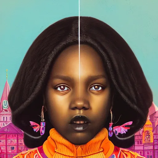 Prompt: Stockholm city portrait, black young girl, Pixar style, by Tristan Eaton Stanley Artgerm and Tom Bagshaw.