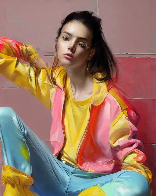 Image similar to a ultradetailed beautiful panting of a stylish woman sitting on the floor in a tiled room, she is wearing streetwear, bright colors, highly detailed face, oil painting, by ruan jia