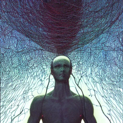 Image similar to an exhausted deity, contemplating existence, beyond the known universe, fine art, bokeh, omnidimensional, ocd, electroluminescent wire by wayne barlowe