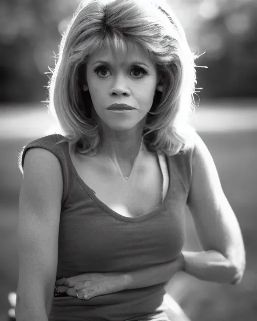 Prompt: A realistic photo of Jane Fonda as Buffy Summers, bokeh, 90mm, f/1.4