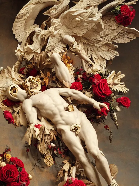 Prompt: a falling icarus with red wings in the form of a Greek sculpture with a mask in the form of golden elk skull and wreath of flowers, roses in hands, dressed in a flower dress, lie on a golden stone, silk, fabric, birds, flowers. baroque elements, human skull. full-length view. baroque element. intricate artwork by caravaggio. many many birds birds on background. Trending on artstation. halo. octane render, cinematic, hyper realism, octane render, 8k, depth of field, bokeh. iridescent accents. vibrant. teal and gold and red colour scheme