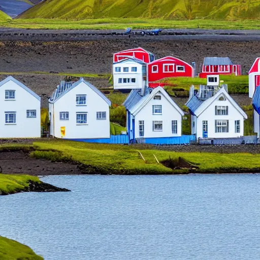 Prompt: row of houses all connected by water in aquaducts , there are boats traveling between the houses as boats are the main means of transportation is a boat on a bright sunny day in iceland