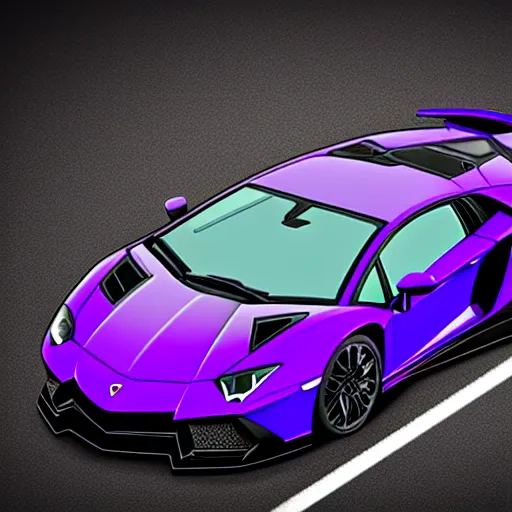 Image similar to isometric view of a black painted Lamborghini Aventador SV with purple highlights