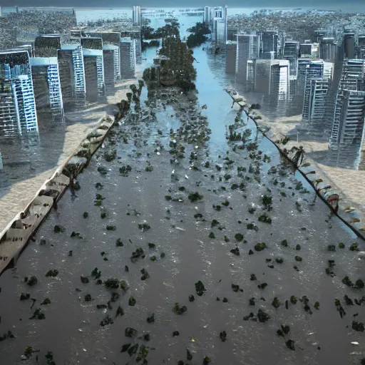 Image similar to dubai completely flooded, aftermath of a tsunami, perspective from a balcony, donald trump selfie, 4k, photorealistic, octane