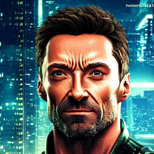 Prompt: hugh jackman portrait, cyberpunk 2 0 7 7, photorealistic, ultra detailed, neon, octane, bokeh, cinematic lighting, cyber, cyberpunk city, studio quality, feature, scars, cyberface, 8 k