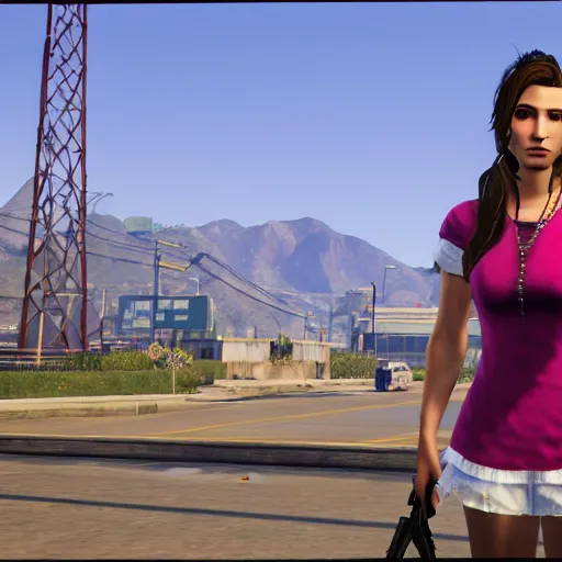 Prompt: Screenshot of Aerith Gainsborough in the game GTA V, highly detailed