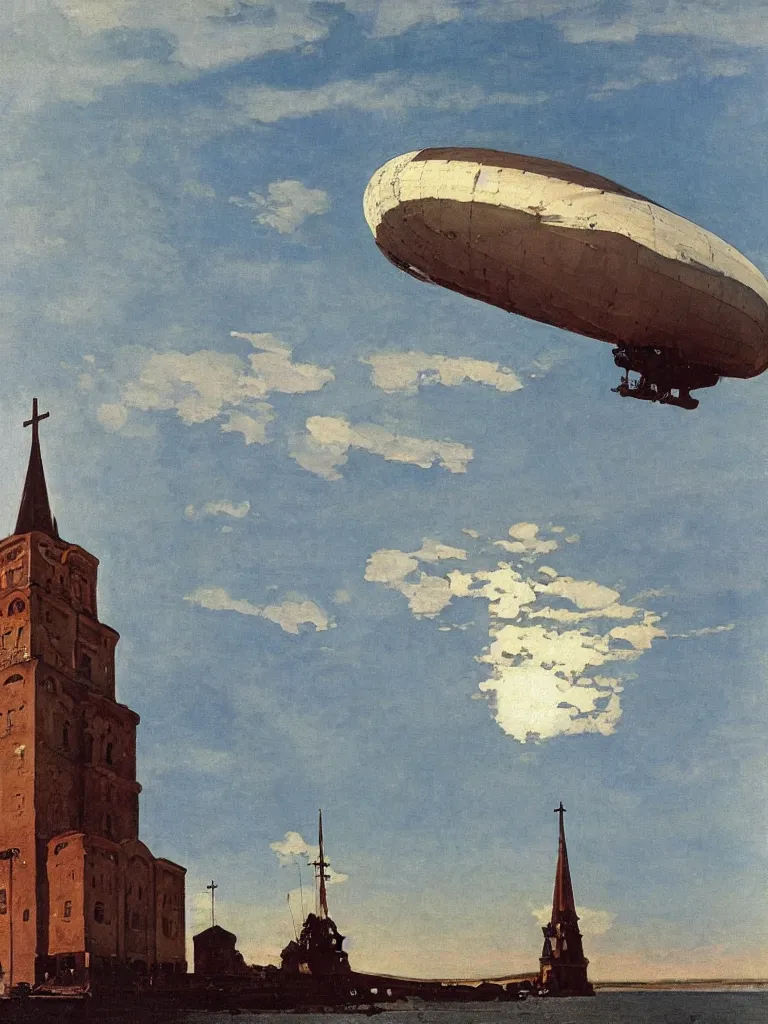 Prompt: a large dieselpunk airship standing over a white church in russia in 1 9 1 0, by winslow homer and levitan, oil on canvas painting