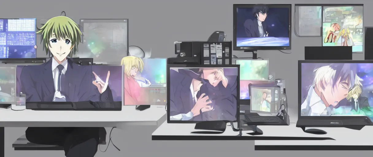 Prompt: anime drawing, a man at a desk with ten different computer monitors, his face flat on the keyboard, sound asleep