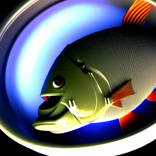 Image similar to robot bowl fish with a fish inside of it, photorealistic 3 d render, unreal engine