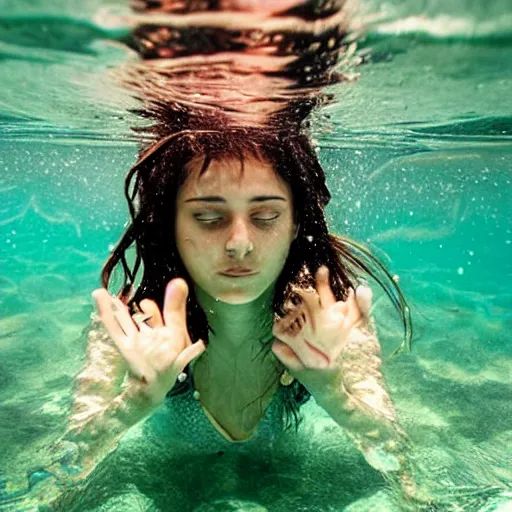 Prompt: a beautiful teen girl underwater, sinking, drowning from the weight of lost love