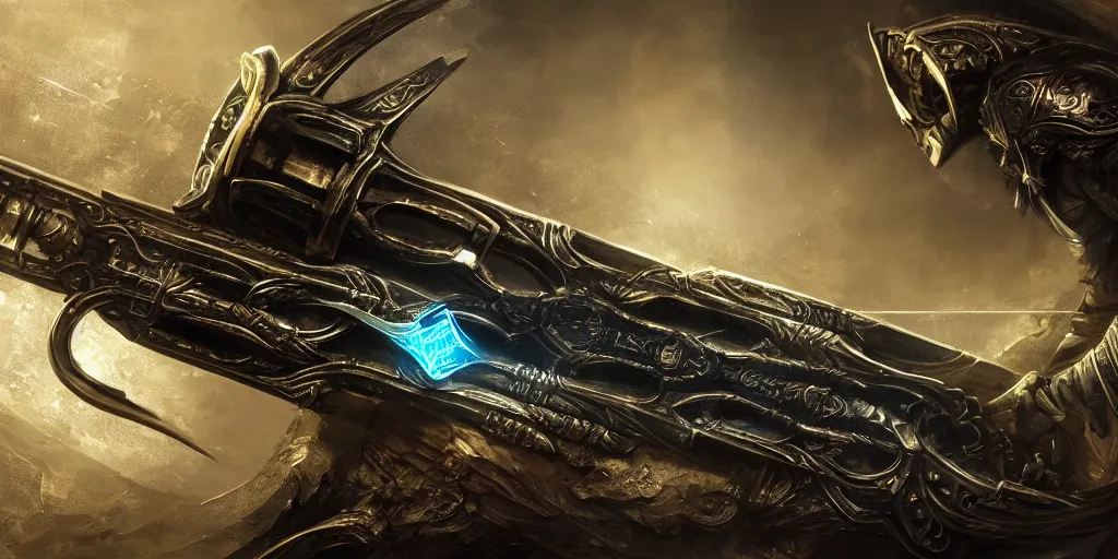 Image similar to legendary cybernetic full long sharp sword lying flat on a glowing table with a black and iridescent sword blade, digital award winning hd matte painting, intimate dark moody, intricate, ornate spikes, colorful gems on hilt, detailed realistic raytraced blade, future golden technological pommel, in the style of krenz cushart, deviantart