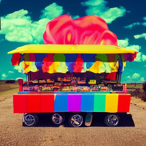 Image similar to super colorful pop rock candy, fruit stand on the side of a country dirt road, dramatic lighting, cinematic lighting, partly cloudy, 8 k, 4 k, trending on artstation cgsociety, octane ue 5