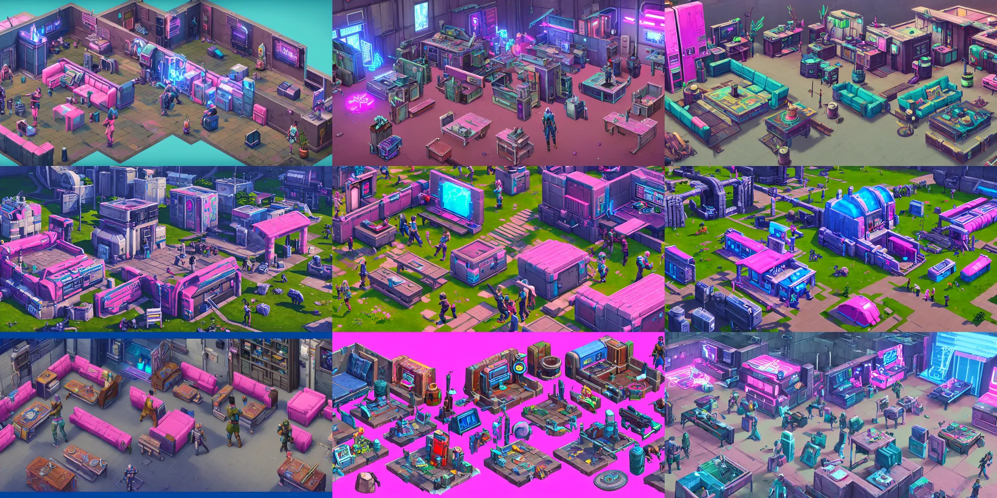 Prompt: game asset of the sims cyberpunk frontier outpost furniture and decoration, in gouache detailed paintings, props, stylized, 2 d sprites, kitbash, arcane, overwatch, blue and pink color scheme, 8 k, close up