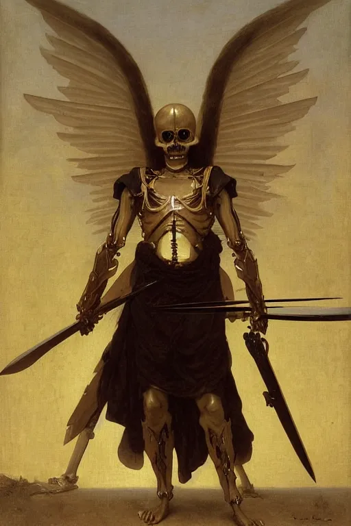 Image similar to portrait of a fully armed skeleton archer with big sword, wearing helmets and armor with wings, symmetrical, solemn, sacred, aura, by bouguereau