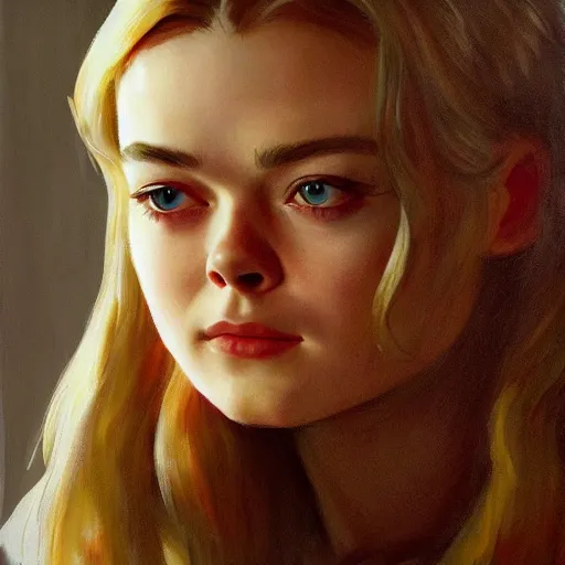 Prompt: ultra realistic head and shoulders portrait painting of elle fanning in prey, art by frank frazetta, 4 k, ultra realistic, highly detailed, epic lighting