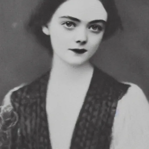 Image similar to headshot edwardian photograph of elle fanning, 1 9 1 0 s, 1 9 0 0 s, 1 9 2 0 s, grainy, victorian, detailed, slightly blurry